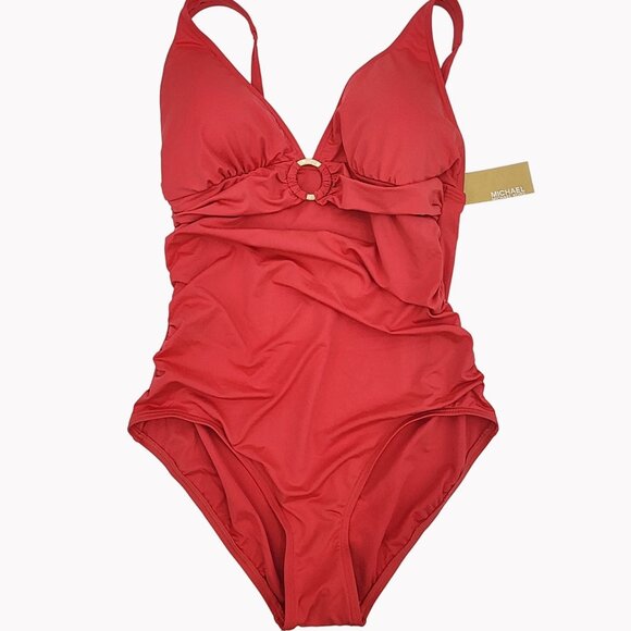 Michael Kors Size 14 Womens One Piece Swimsuit V Neck Gold Ring Front New - Picture 1 of 9